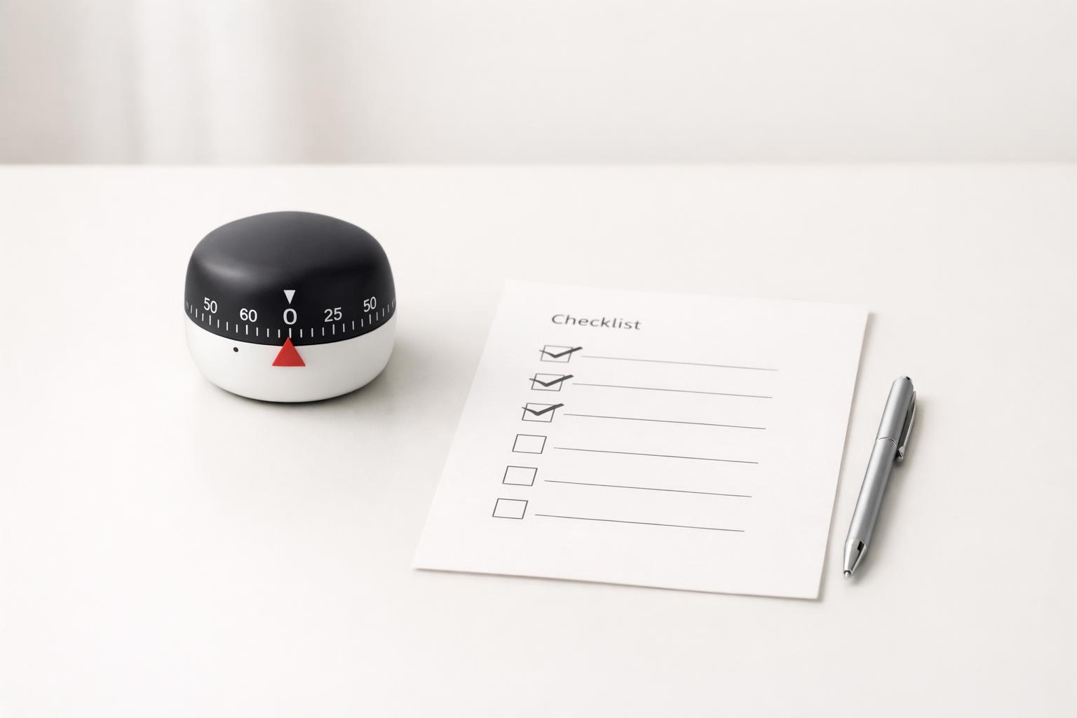 Pomodoro timer beside a task checklist with a few items crossed off and remaining tasks unfinished