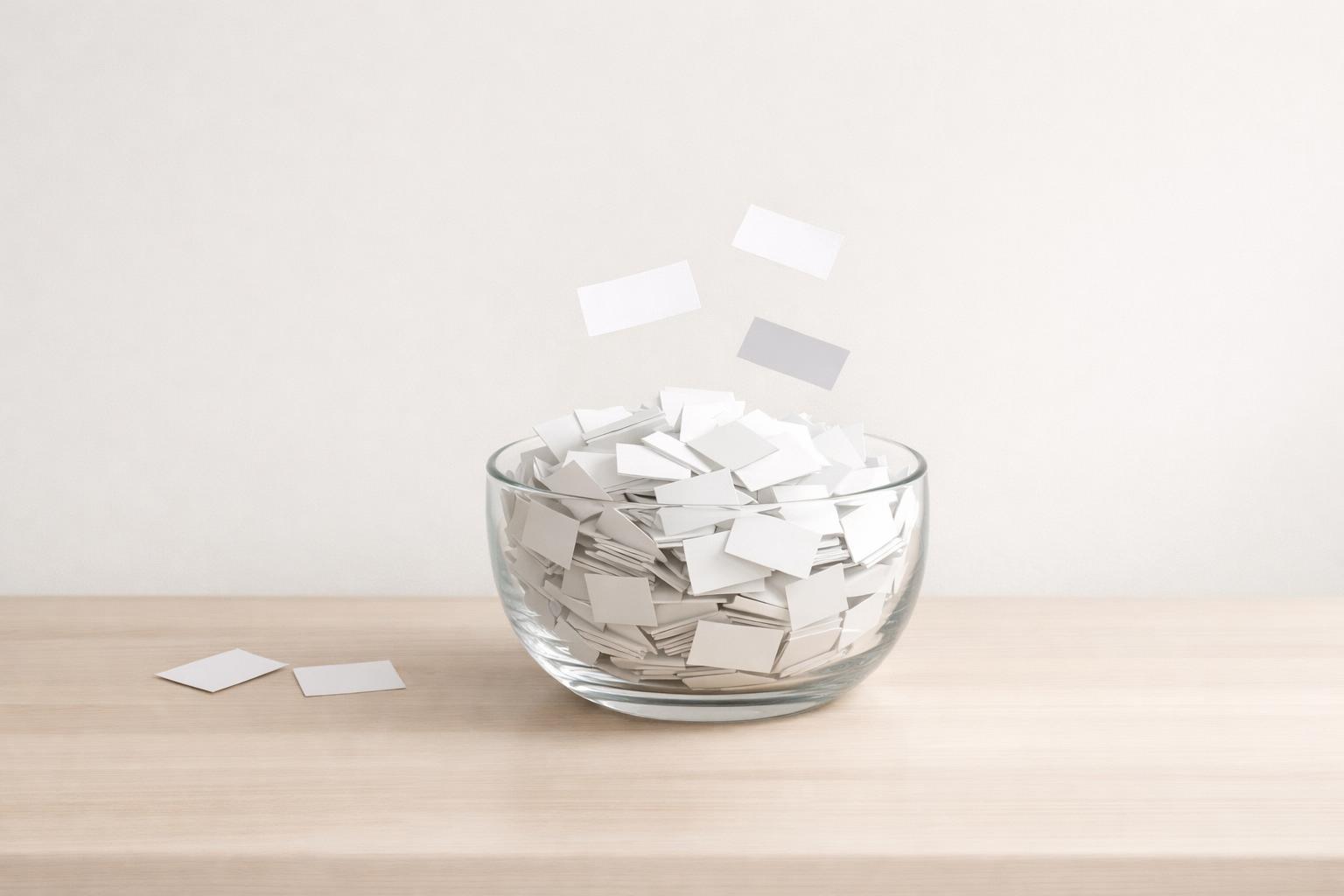 A clear bowl of organized paper slips with a few hovering above, representing contained mental clutter and unfinished life admin