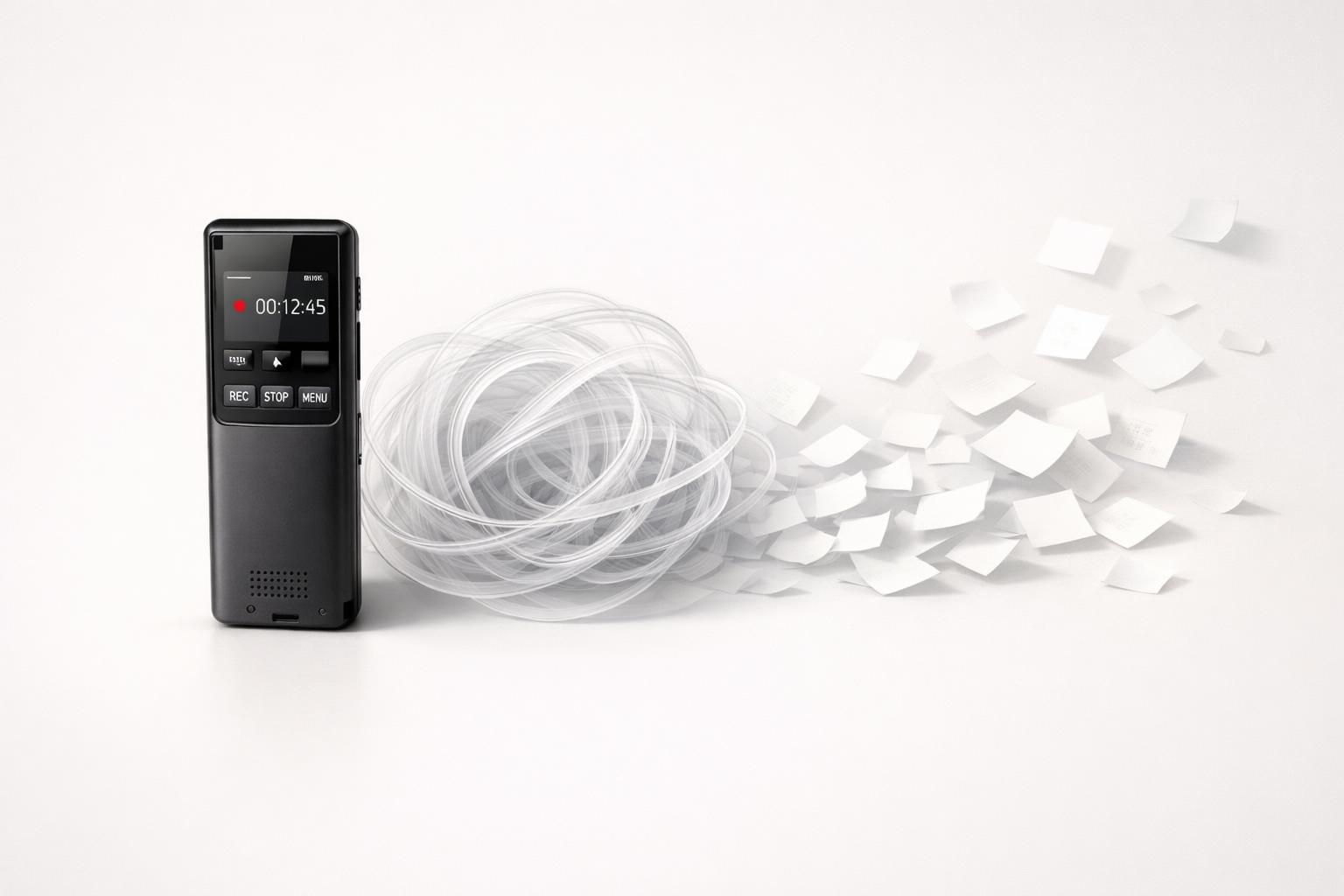 Voice recorder beside tangled audio waves and scattered notes, showing unorganized voice captures