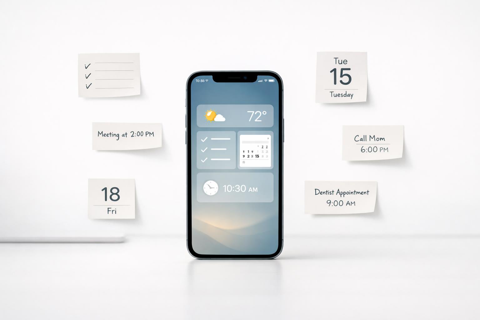 iPhone organizing tasks, calendar events, and reminders in one calm personal productivity system