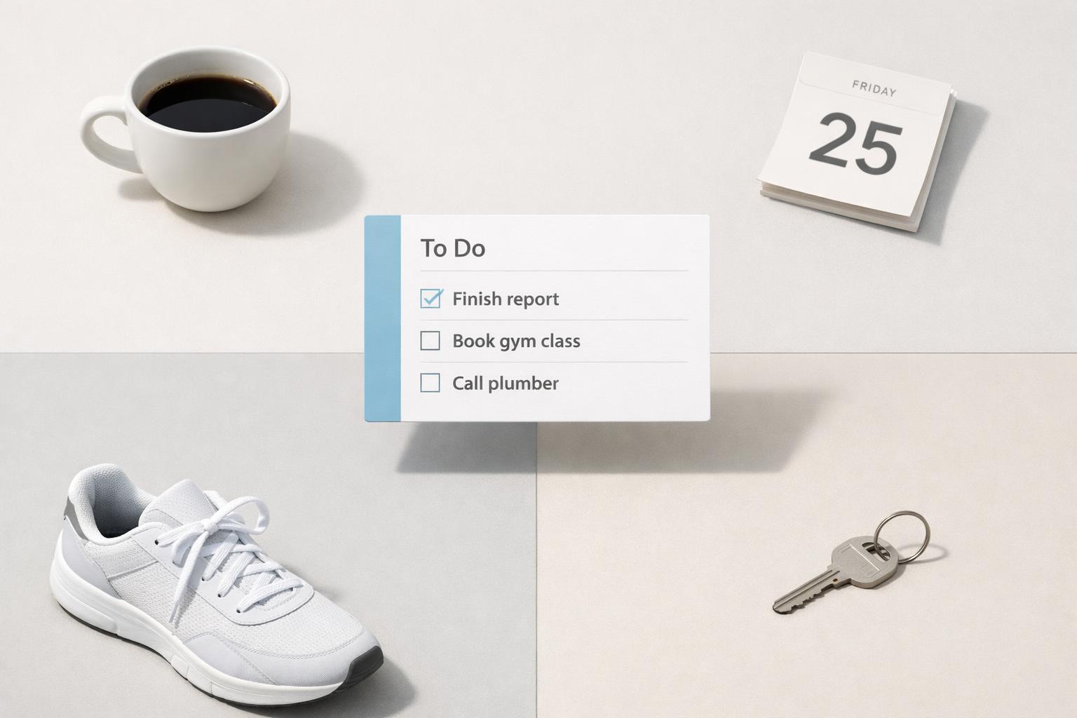 Single task card surrounded by coffee, calendar, gym shoe, and house key representing life-area context