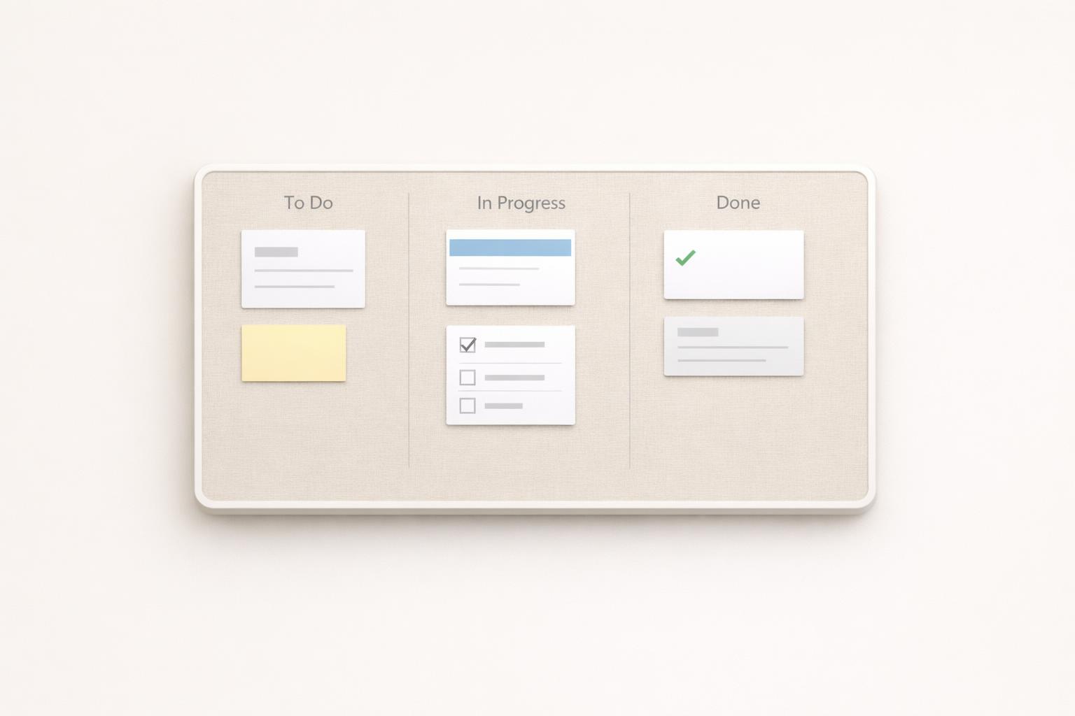 Personal planning task board with cards organized into calm left-to-right workflow columns