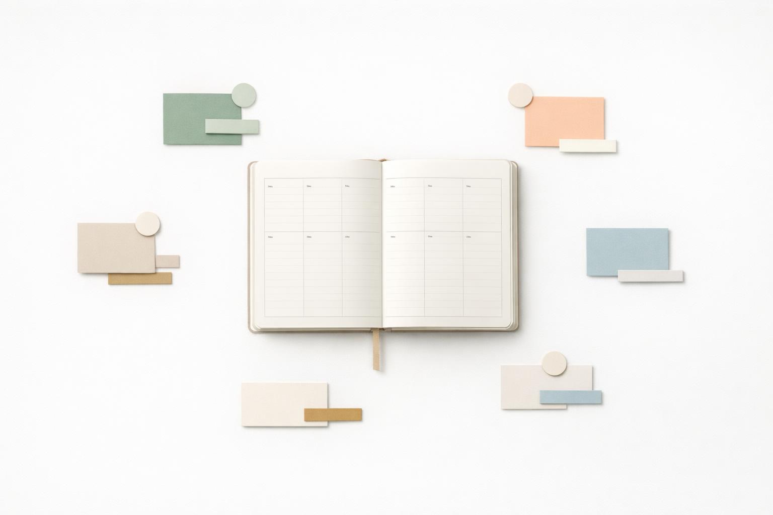 Weekly planner with color-coded cards organizing work, health, errands, finances, and personal life areas