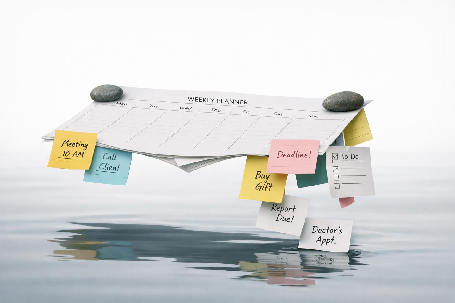 Overloaded weekly desk calendar with task cards spilling off the edges, showing an unbalanced schedule