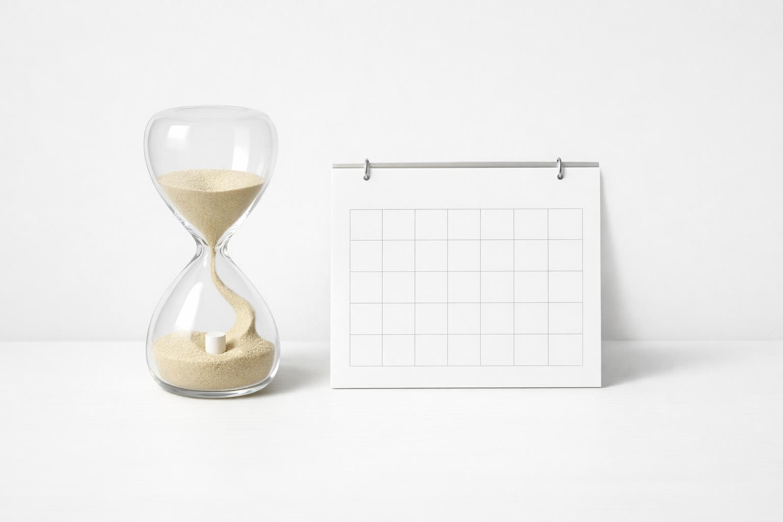 Hourglass beside a calendar page showing protected focus time around a work meeting interruption