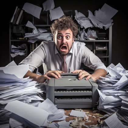 Overwhelmed office worker with excessive paperwork and printer