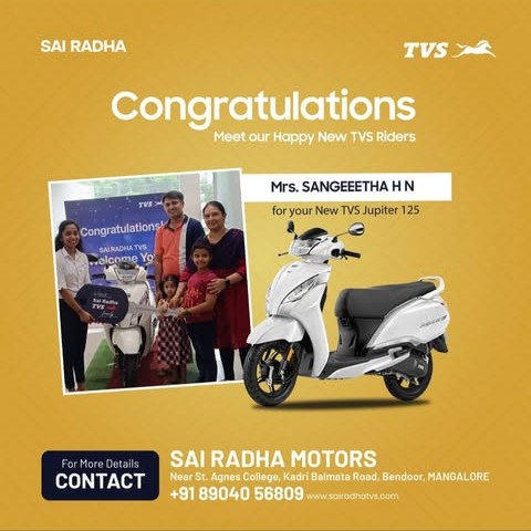 Congratulation MRS.SANGEETHA H N for your new TVS Jupiter125
