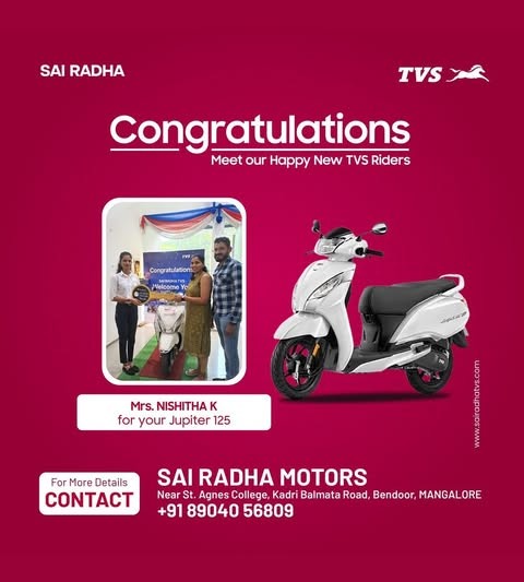 Congratulation MRS.NISHITHA K for your new TVS Jupiter 125