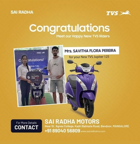 Congratulation MRS.SAVITHA FLORA PEREIRA for your new TVS Jupiter125