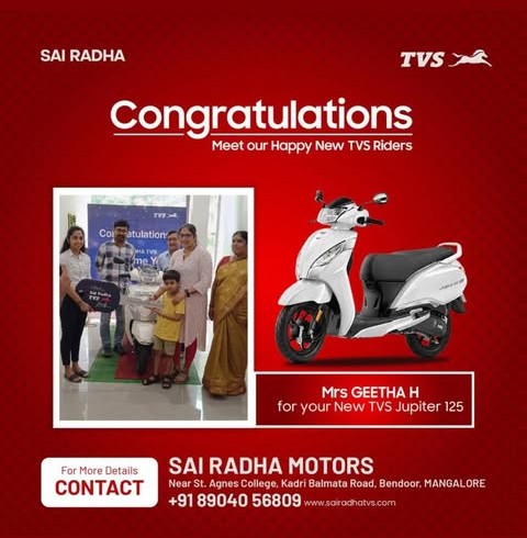 Congratulation MRS.GEETHA H for your new TVS Jupiter 125