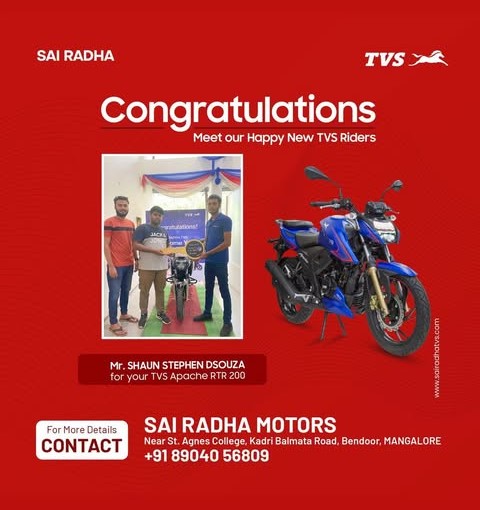 Congratulation MR.SHAUN STEPHEN DSOUZA for your new TVS Apache RTR 200