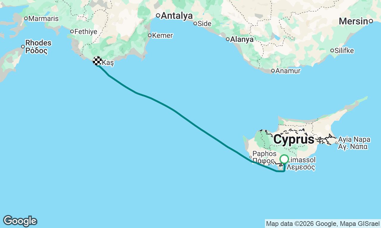 Limassol, Cyprus to Kastellerozi, Greece. Overnight 08-08-2026 - 08-09-2026