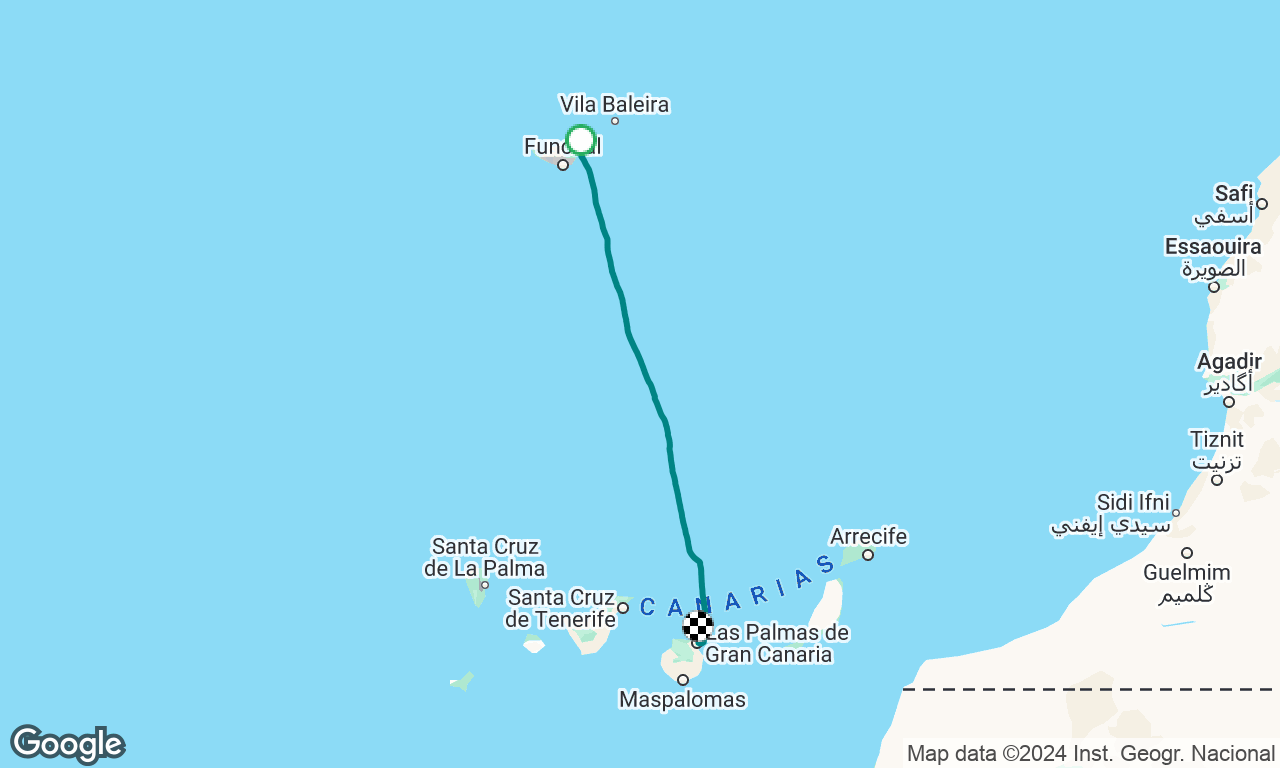 Madeira to LasPalmas Gran Canaria. Max 34 knots wind, full gale from behind last third. 3 reefs