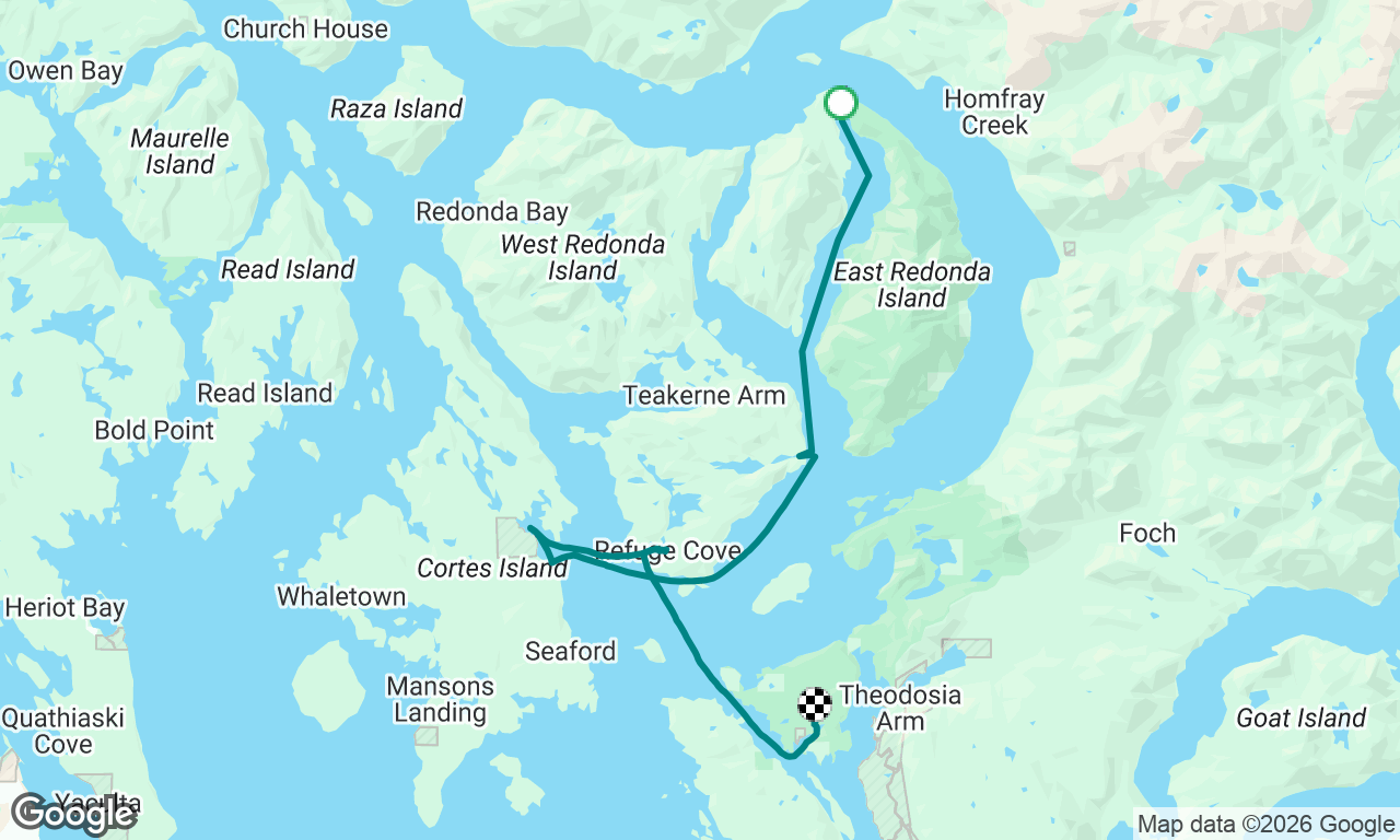 Day3 Pender elk sound east redonda island to grace harbour, pass by squirrel cove and refuge cove refueling and resupply 