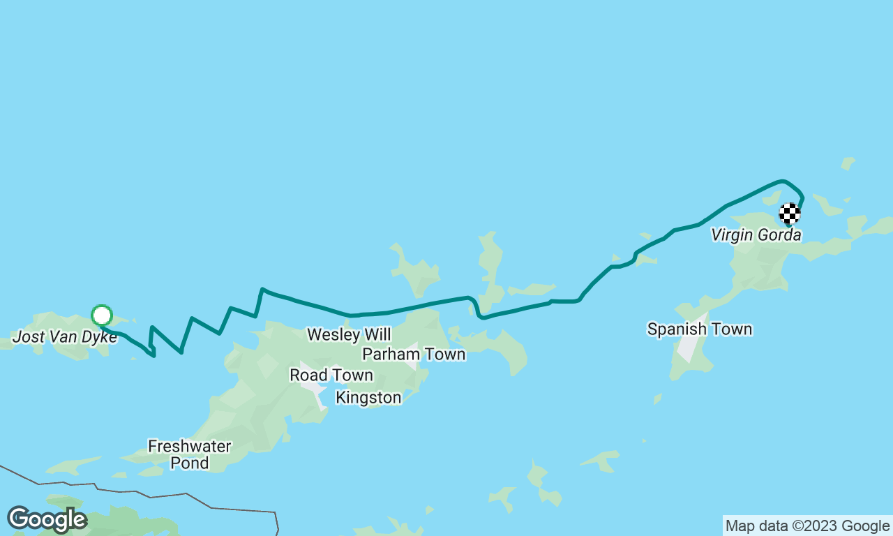 Diamond Cay Little JVD to Leverick Bay Marina, North Sound, Virgin Gorda. south of Guana and thru Little Camanoe Pass.
