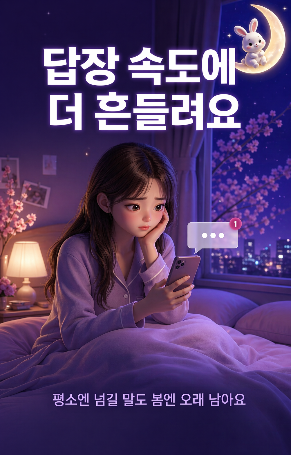 보라색 잠옷을 입고 침대에 앉아 스마트폰 메시지 알림을 기다리는 소녀