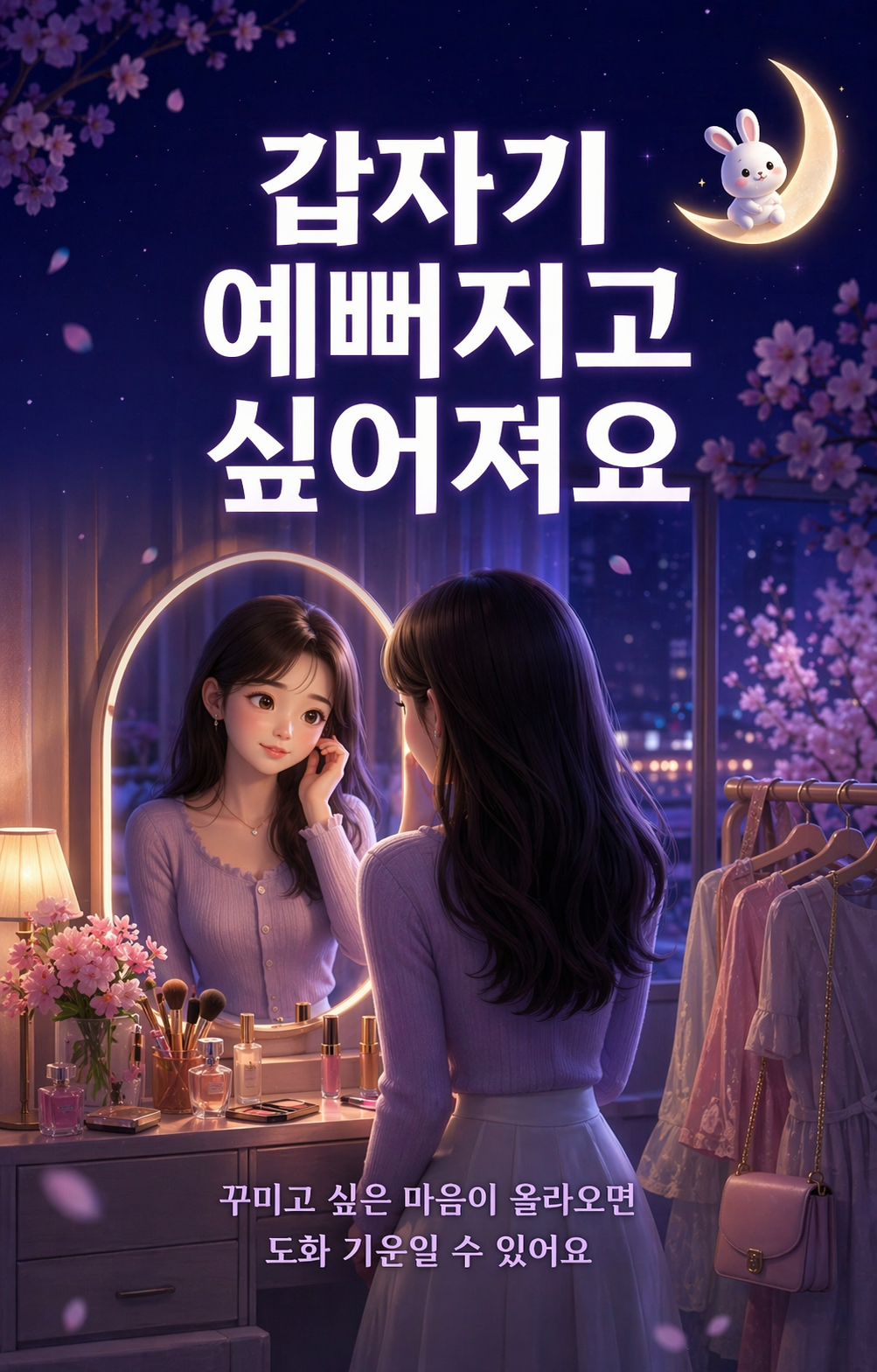 화장대 거울 앞에서 귀걸이를 하며 자신의 모습을 비춰보는 긴 머리 소녀