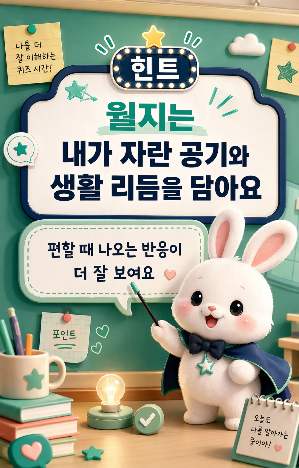 토끼 캐릭터가 '월지는 내가 자란 공기와 생활 리듬을 담아요'라는 문구가 적힌 칠판을 가리키는 모습