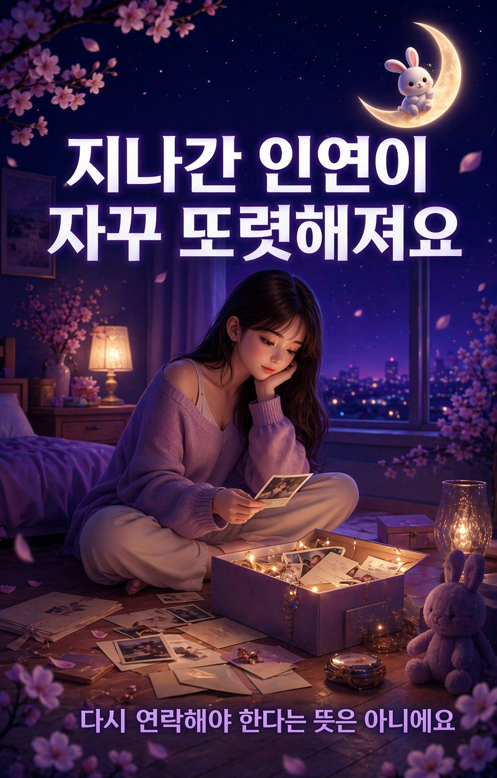 방바닥에 앉아 과거 사진과 편지가 가득 담긴 상자를 애틋하게 바라보는 소녀