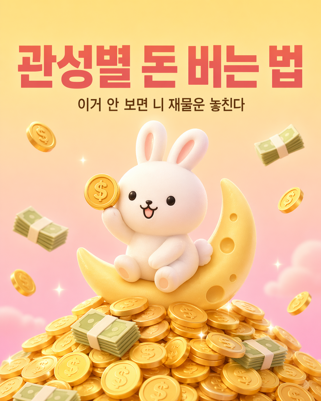 보라색 배경 위에 초승달에 앉아 고민하는 귀여운 토끼 캐릭터가 그려진 이미지