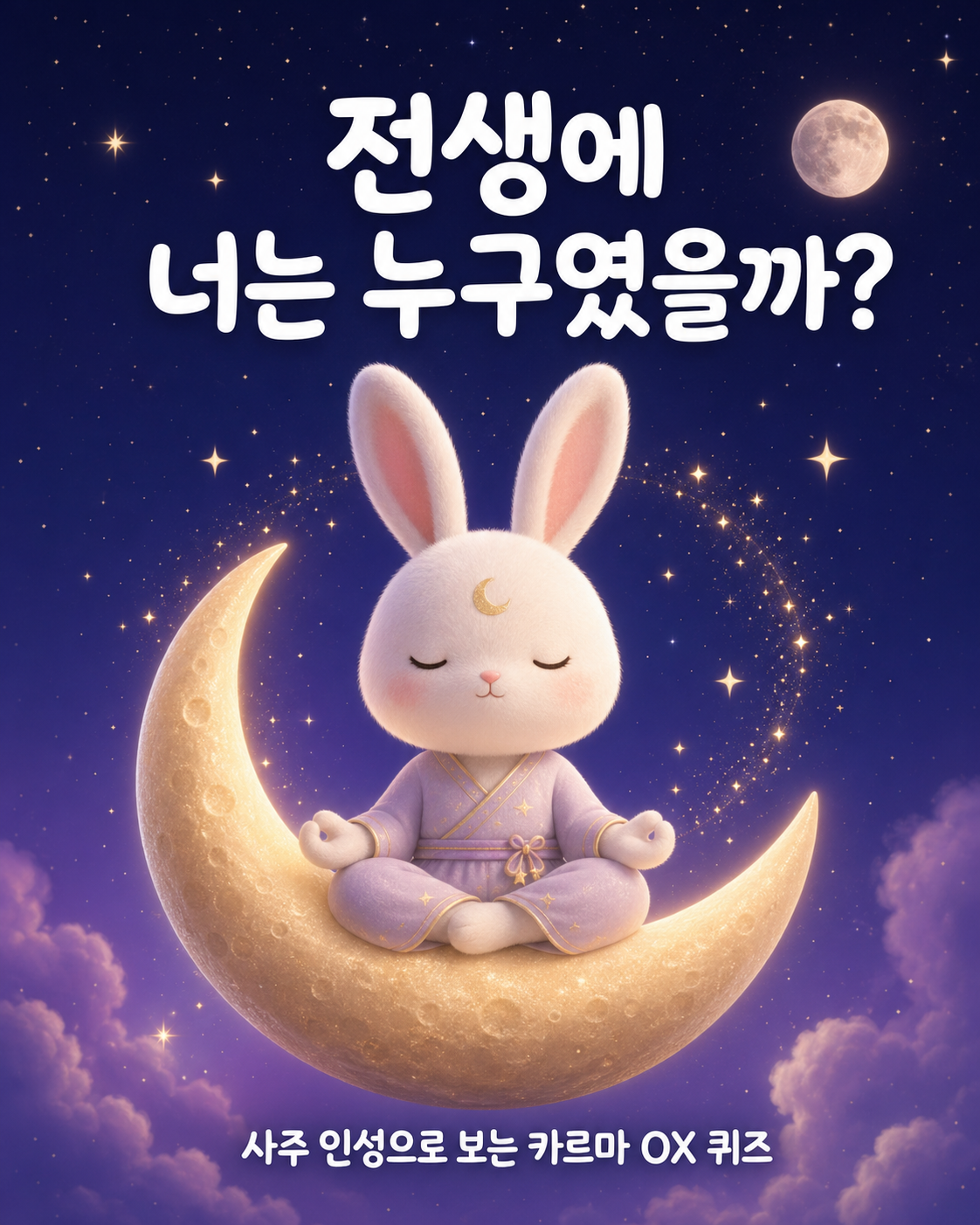 밤하늘 초승달 위에 가부좌를 틀고 명상하는 귀여운 하얀 토끼