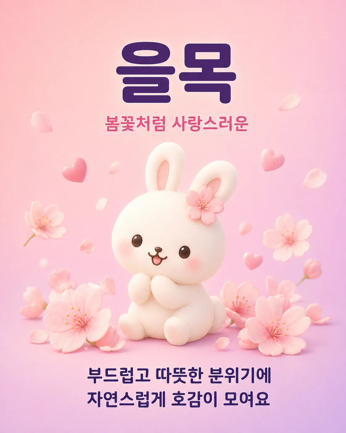 벚꽃잎이 흩날리는 배경 속에 꽃을 머리에 꽂고 수줍게 웃고 있는 토끼가 그려진 을목 일간 안내 이미지