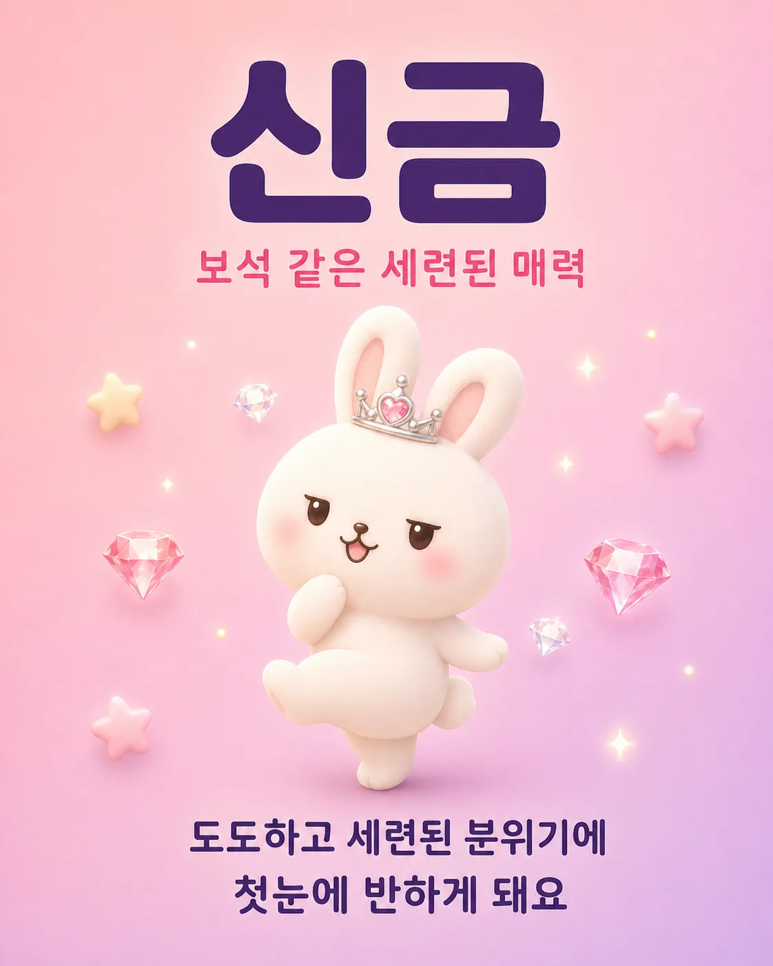 왕관을 쓰고 도도한 표정으로 춤을 추는 토끼 주변에 다이아몬드가 빛나는 신금 일간 안내 이미지