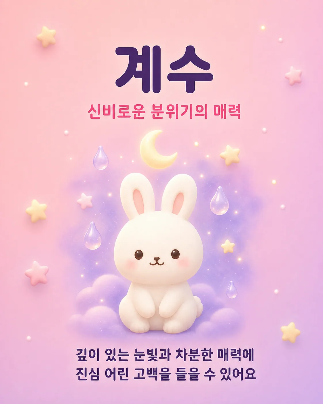 밤하늘 아래 달과 물방울이 떠 있고 차분한 표정의 토끼가 그려진 계수 일간 안내 이미지