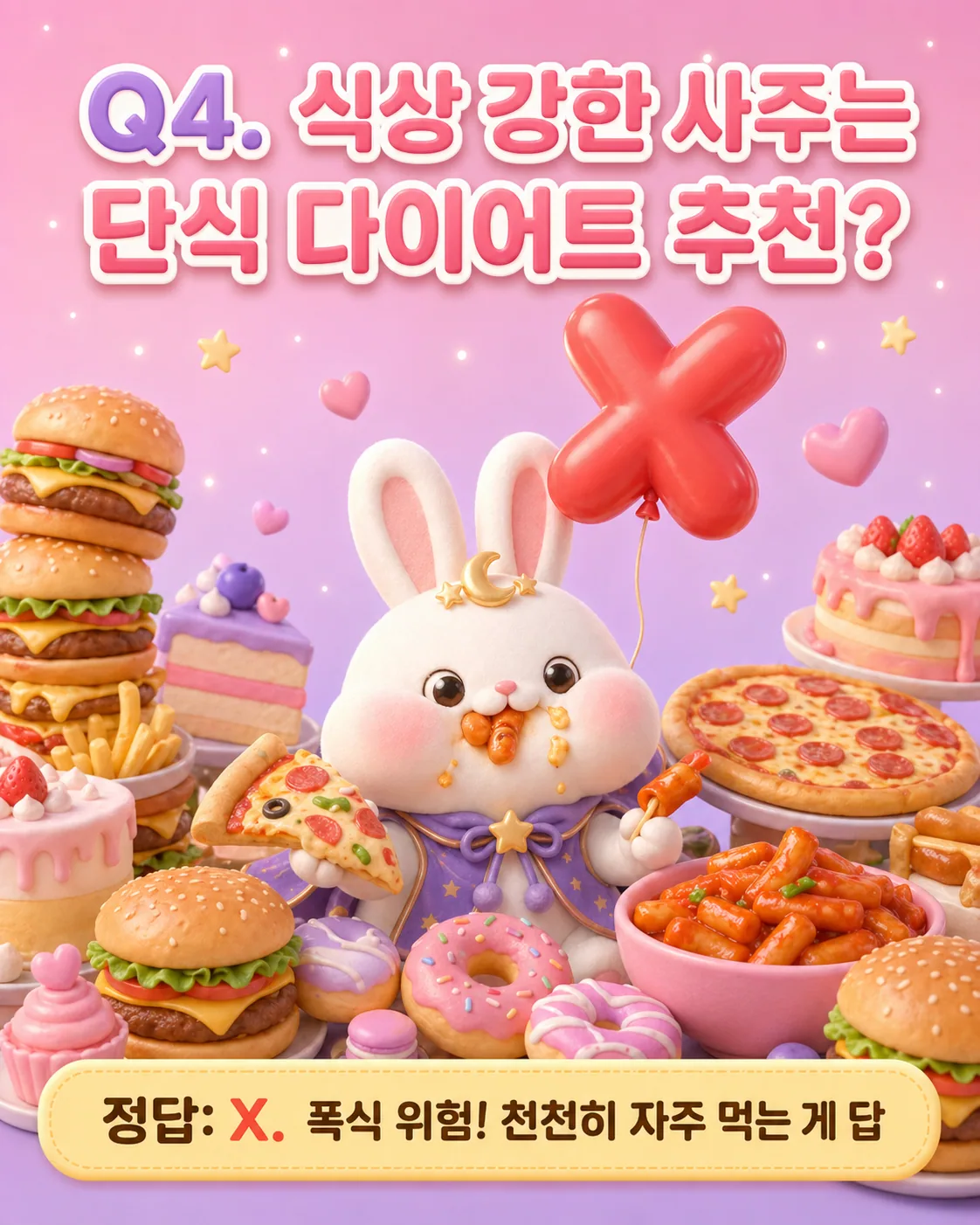 햄버거, 피자, 케이크 등 음식에 둘러싸여 X 풍선을 든 토끼