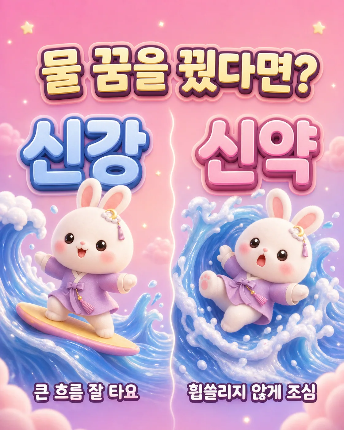 서핑보드를 타는 토끼와 파도에 휩쓸리는 토끼가 대조적으로 그려짐
