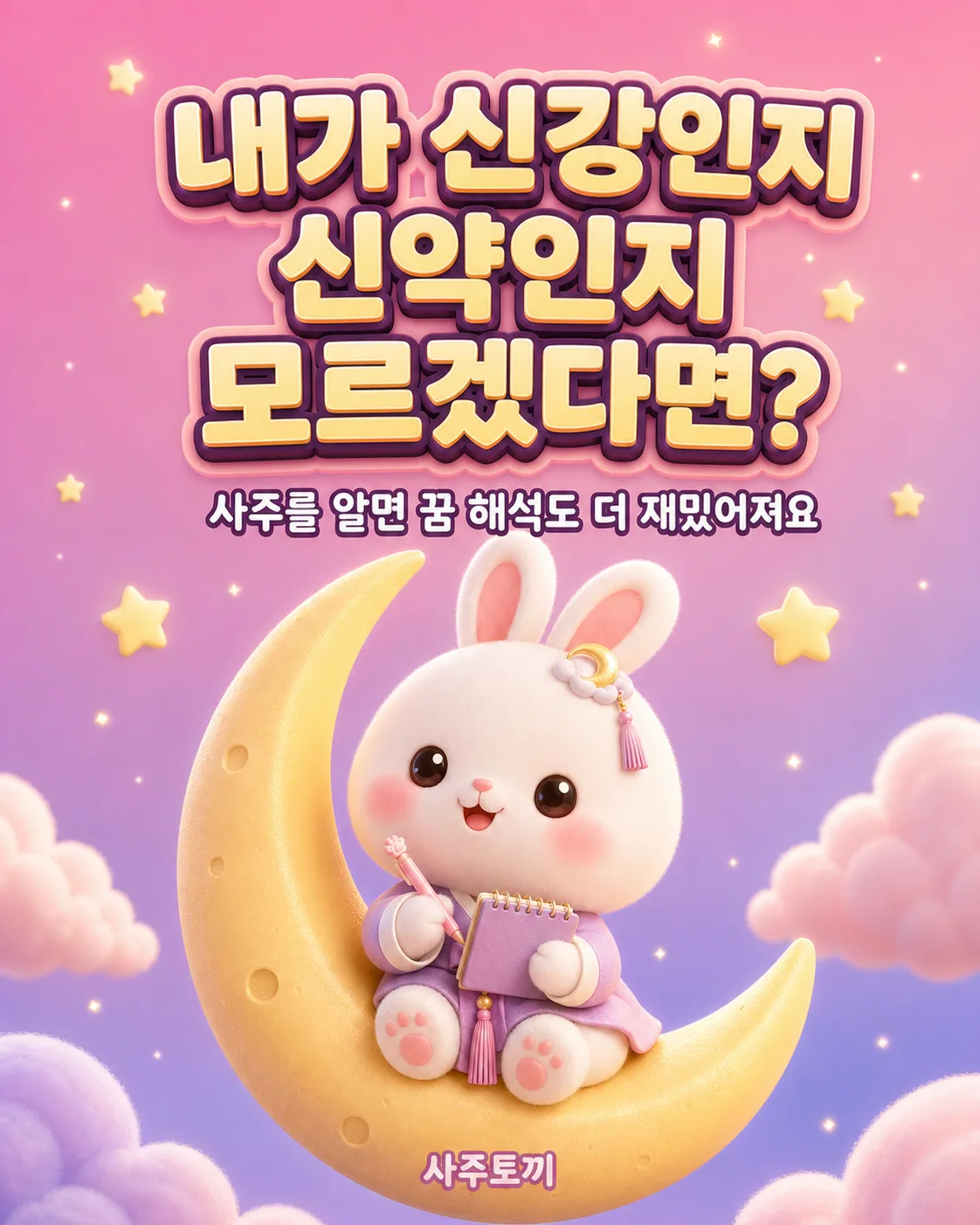 달 위에 앉아 공책에 무언가를 기록하며 웃고 있는 토끼