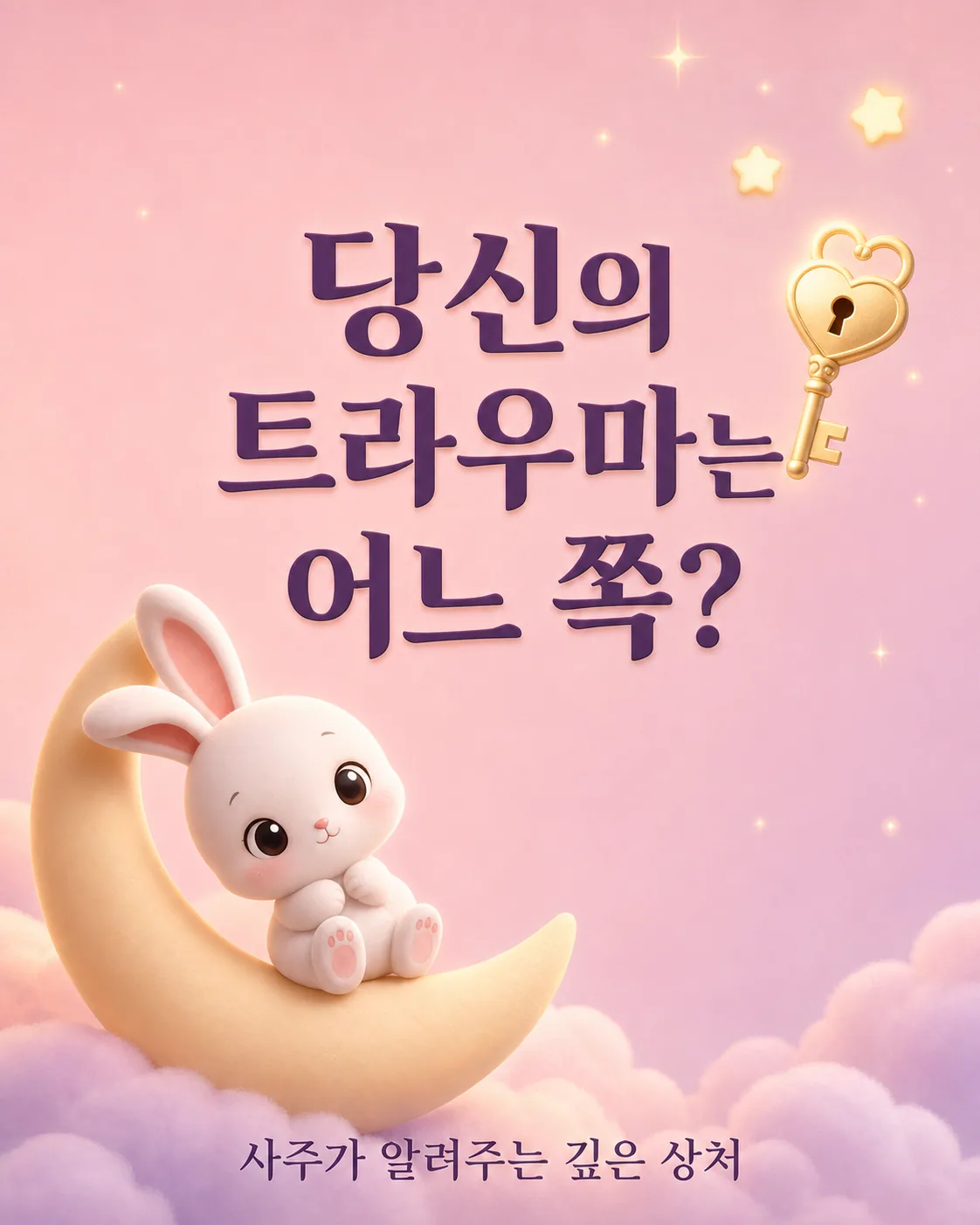 분홍색 배경 위에 귀여운 토끼가 초승달 위에 앉아 있고 옆에는 하트 모양 열쇠가 떠 있는 모습
