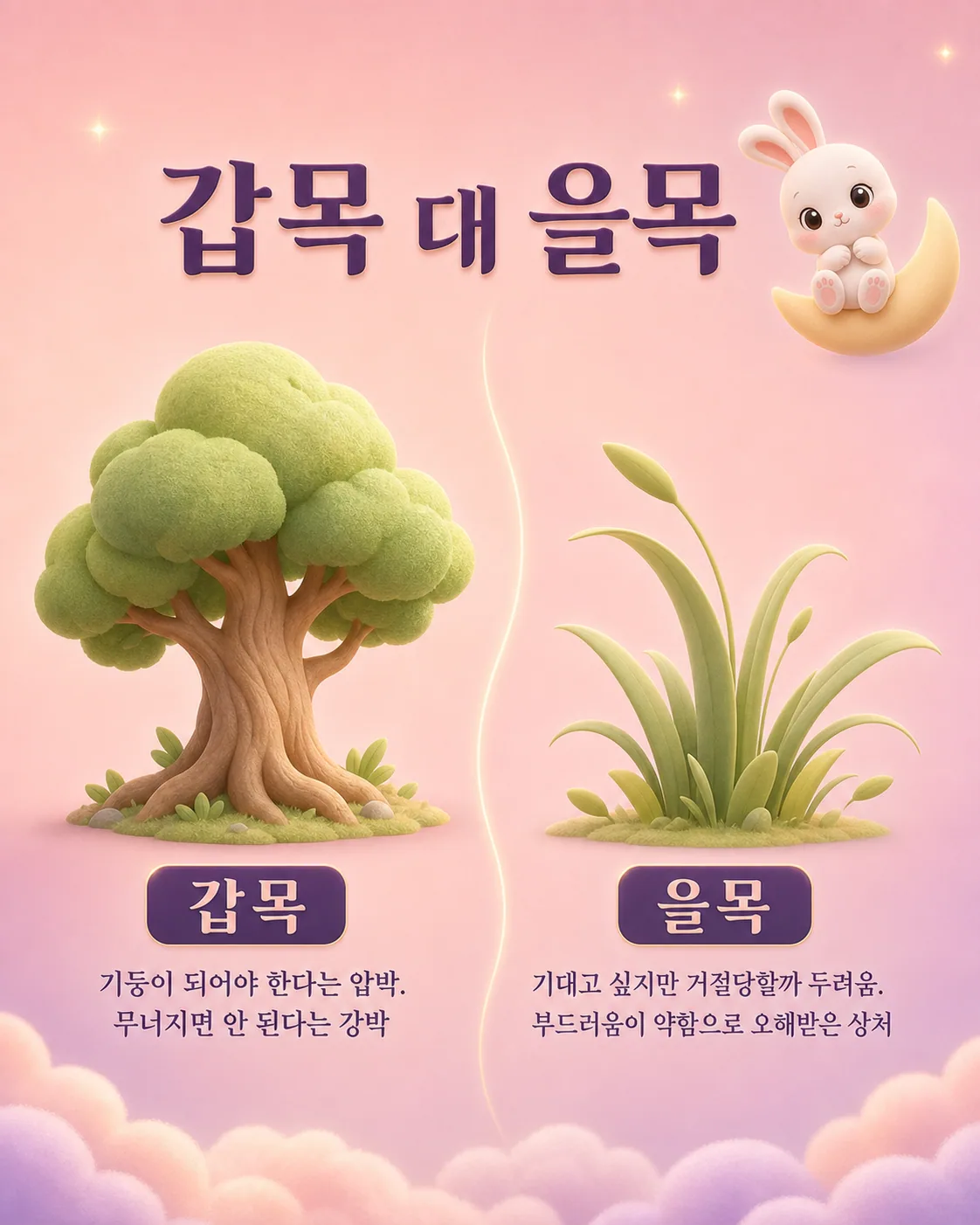 거대한 큰 나무와 여린 풀잎이 나란히 서 있는 일러스트