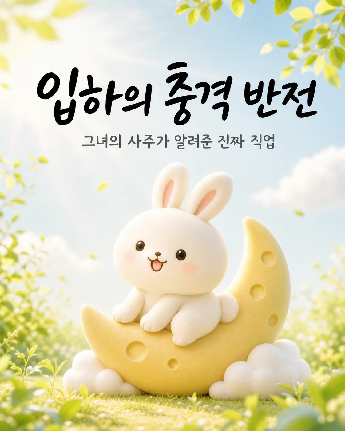 초승달 위에 앉아 있는 귀여운 흰 토끼 캐릭터가 맑은 여름 하늘 아래 싱그러운 풀밭에 있다