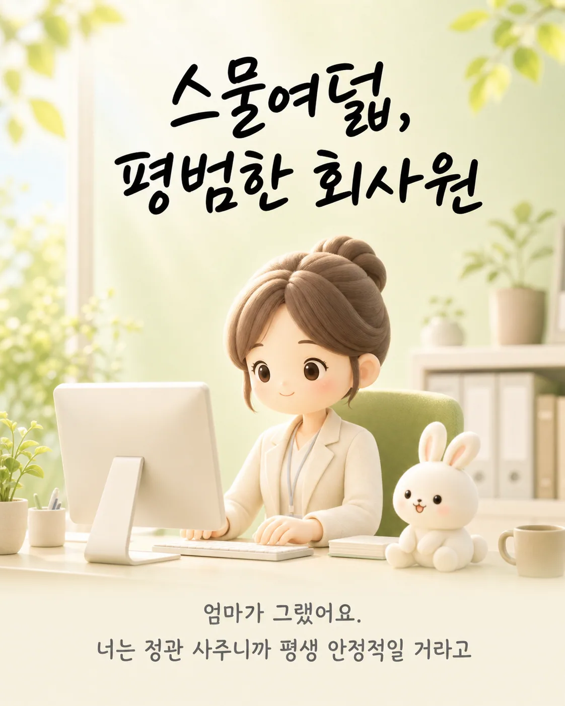 사무실 책상 앞에 앉아 컴퓨터로 업무를 보는 젊은 여성과 그 옆의 작은 토끼 인형