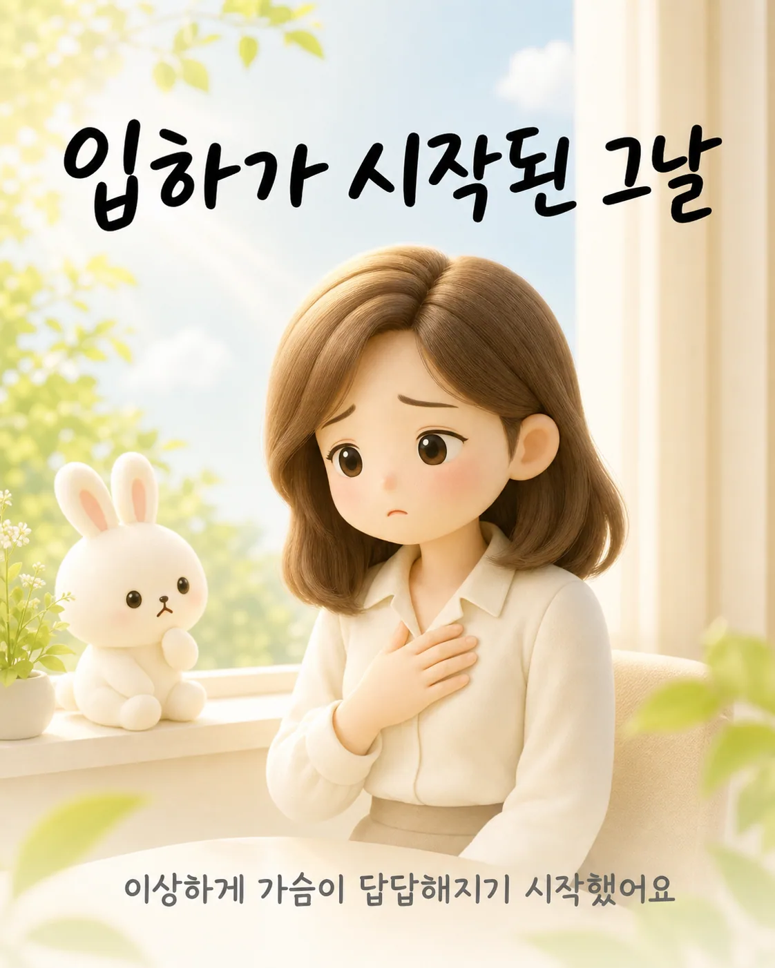 가슴에 손을 얹고 걱정스러운 표정으로 앉아 있는 여성과 그 옆에 걱정스럽게 바라보는 흰 토끼