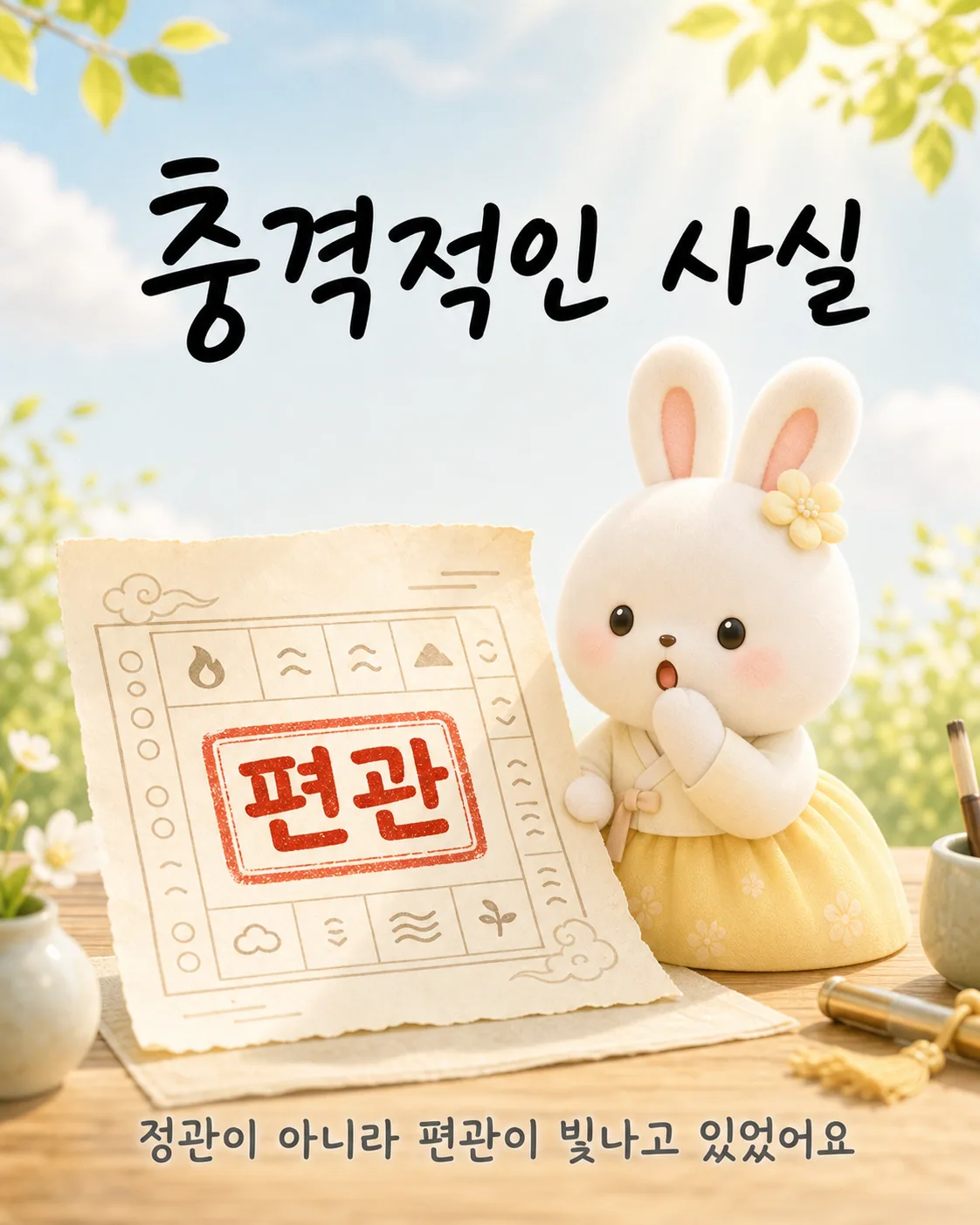 토끼가 '편관'이라고 크게 적힌 옛날 종이 문서를 들어 보이며 놀란 표정을 짓고 있다