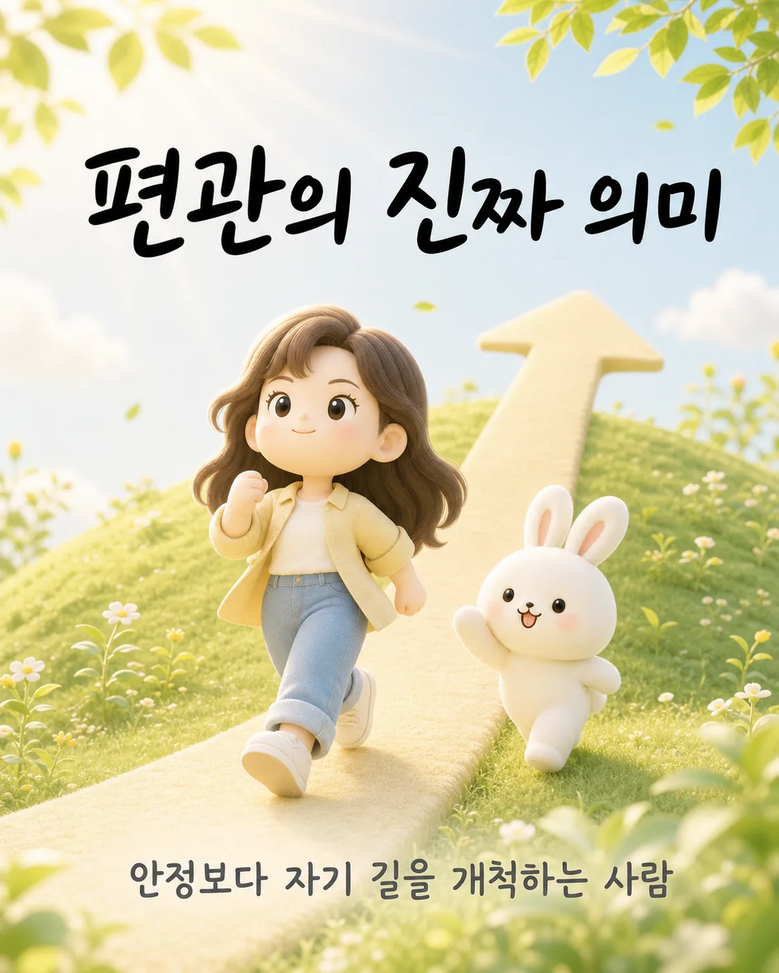 화사한 들판 위로 그려진 오르막길을 향해 힘차게 걸어가는 여성과 그 옆에서 손을 흔드는 토끼