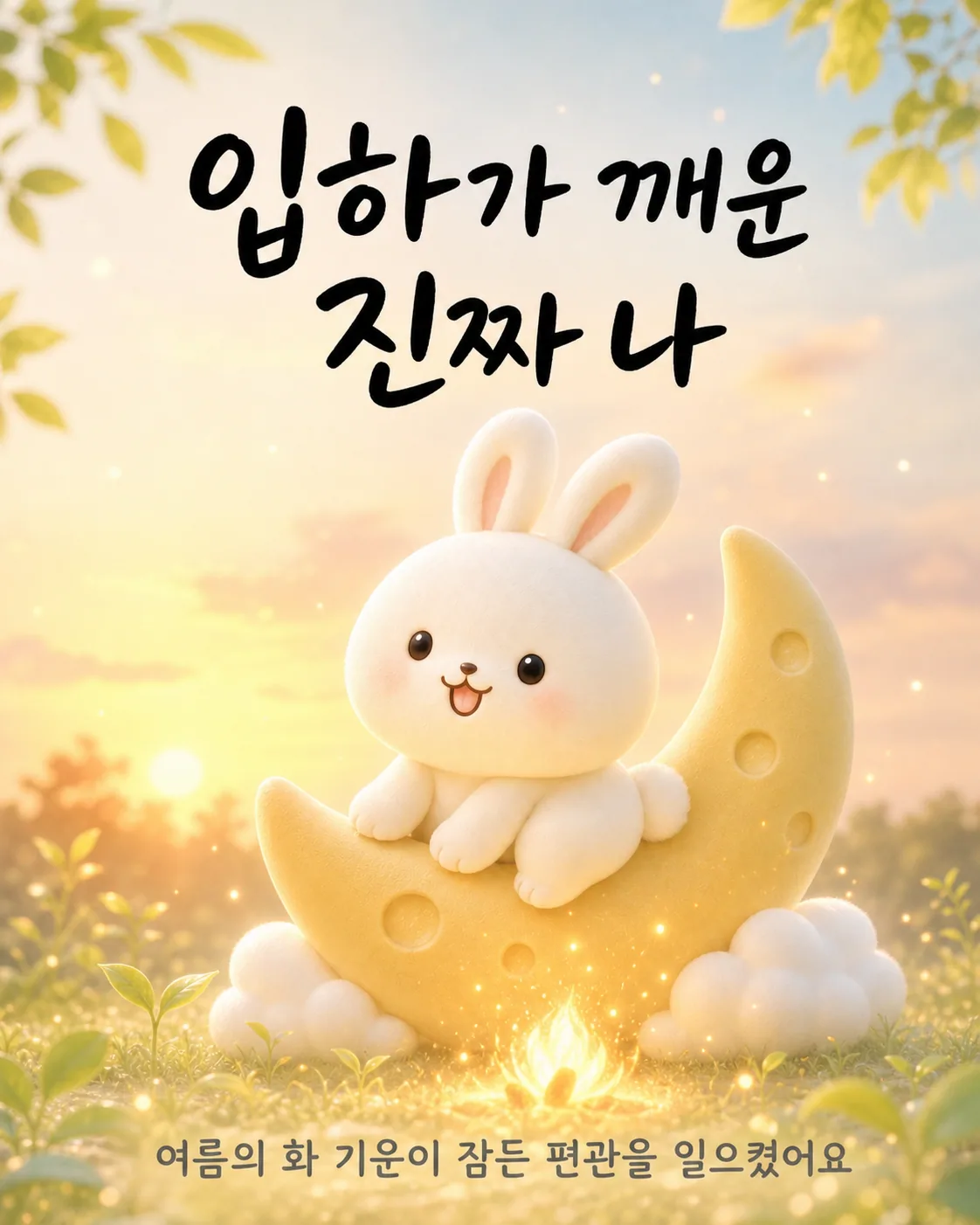 초승달 위에 앉은 토끼 아래로 따스한 모닥불이 피어오르며 빛을 내고 있다