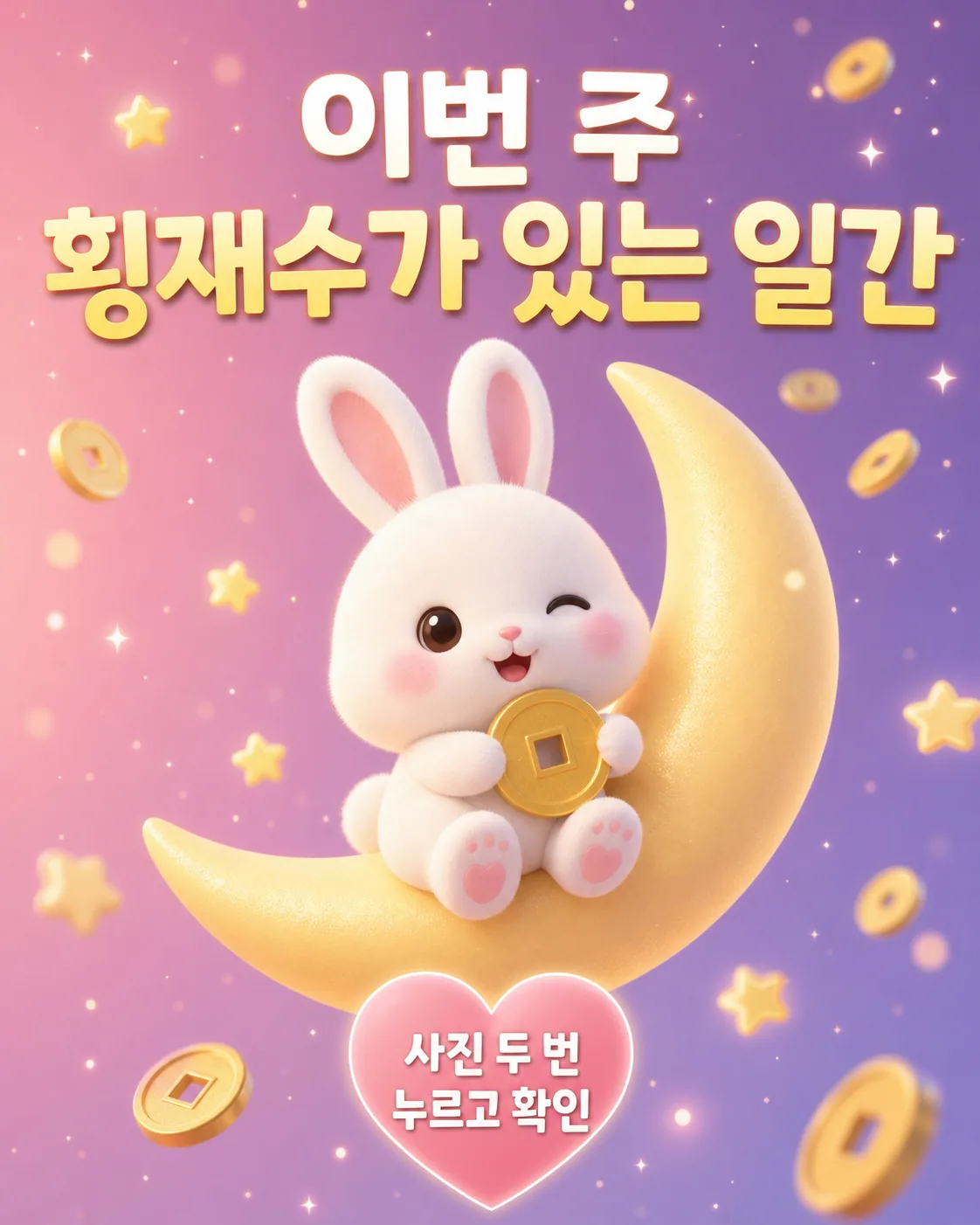 초승달 위에 앉아 윙크하며 금색 엽전을 든 하얀 토끼와 별들