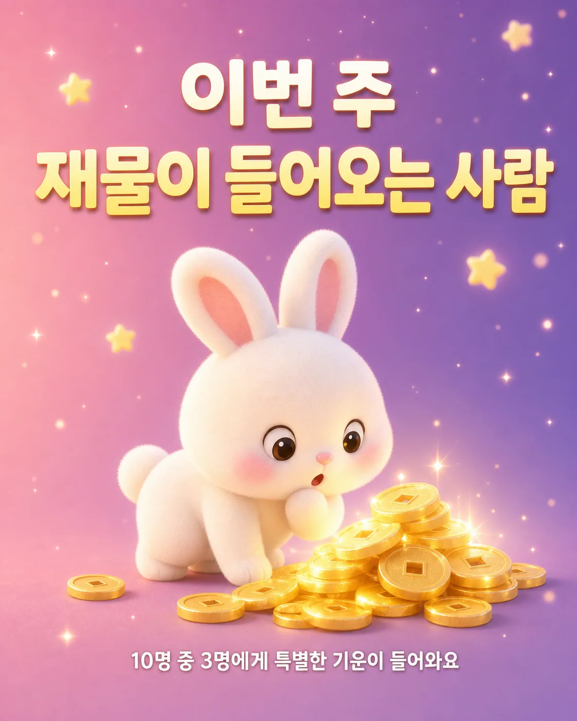 금화 더미를 앞에 두고 놀란 표정으로 바라보는 하얀 토끼