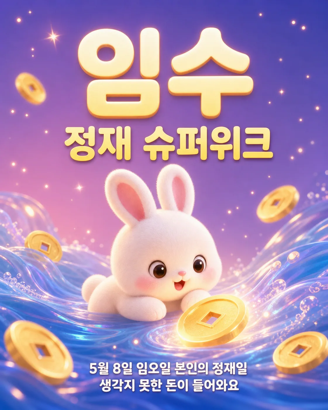 푸른 물결 위에서 금색 엽전을 안고 활짝 웃는 하얀 토끼
