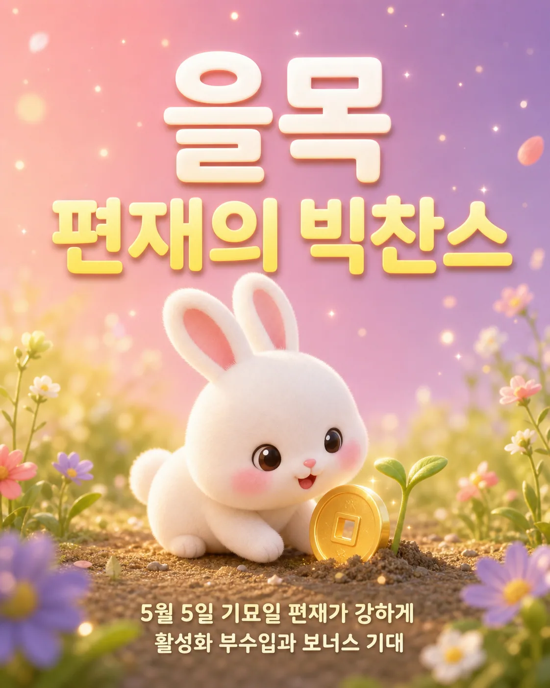꽃밭에서 싹을 틔우며 엽전을 옆에 둔 하얀 토끼