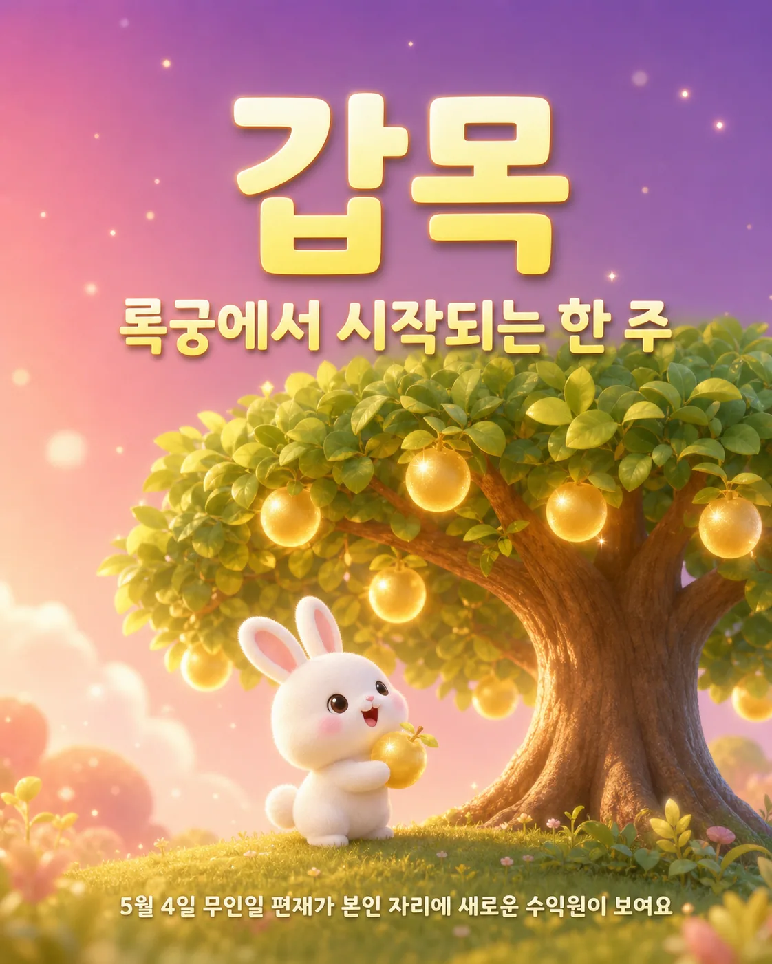 황금색 열매가 주렁주렁 열린 나무 아래에서 열매를 든 하얀 토끼