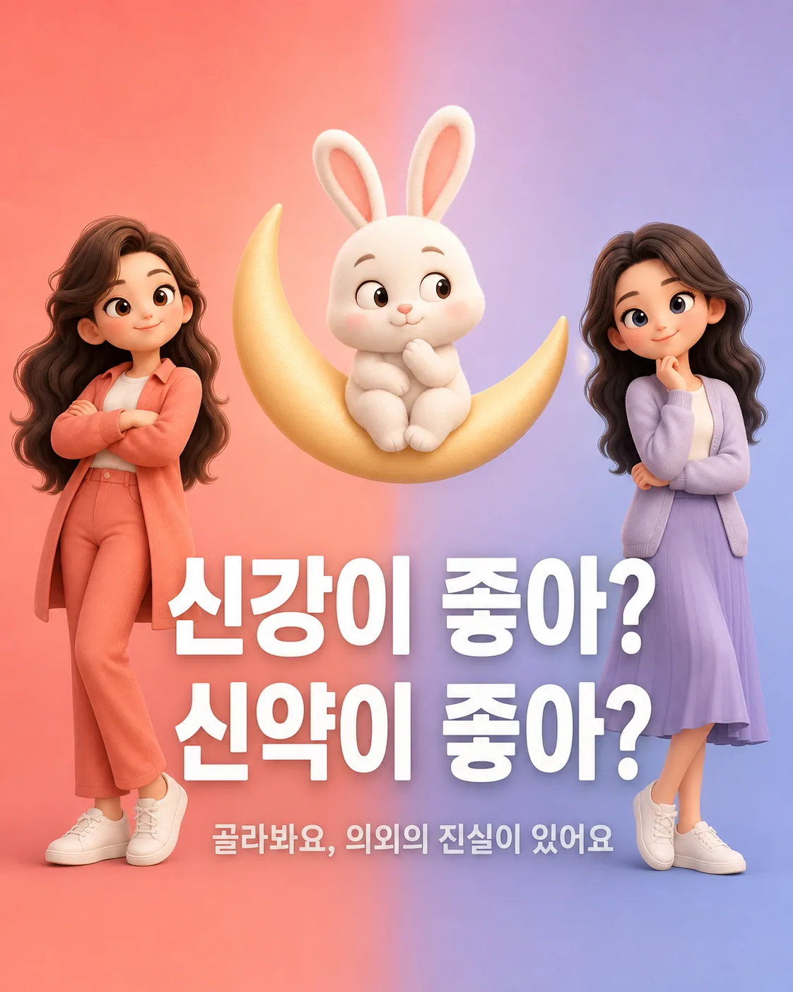 주황색 배경의 신강한 캐릭터와 보라색 배경의 신약한 캐릭터 사이에 초승달 위에 앉은 하얀 토끼가 있는 모습