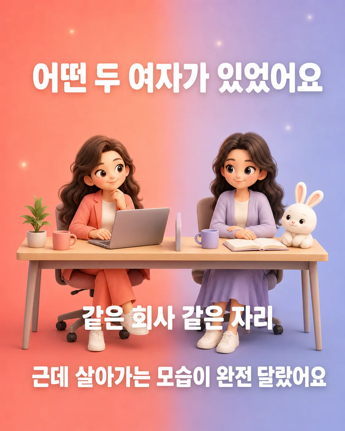 같은 책상에 앉아 각자 노트북 작업과 독서를 하는 두 캐릭터의 모습