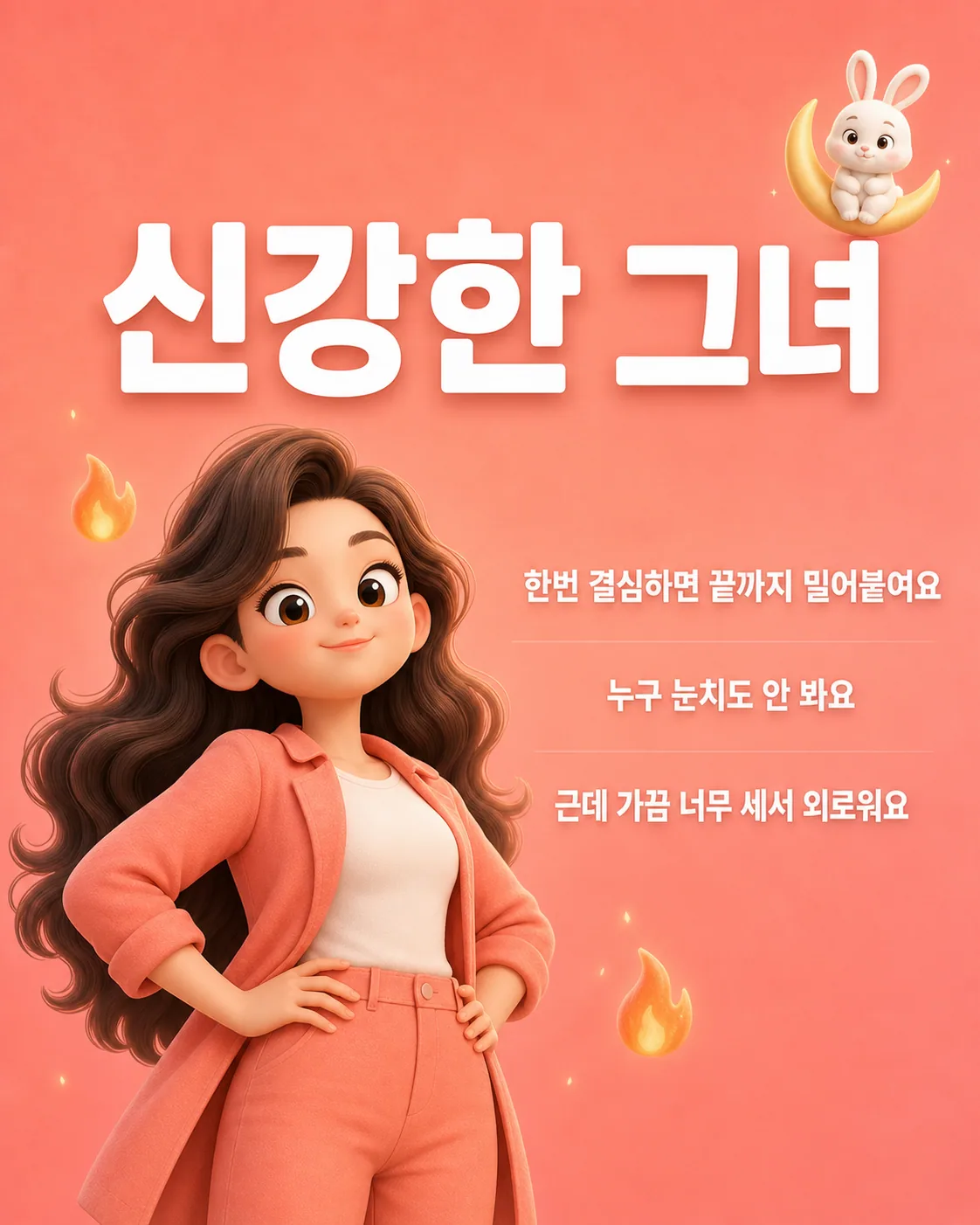 주황색 배경 속에서 불꽃 모양의 아이콘과 함께 자신감 넘치는 표정의 캐릭터