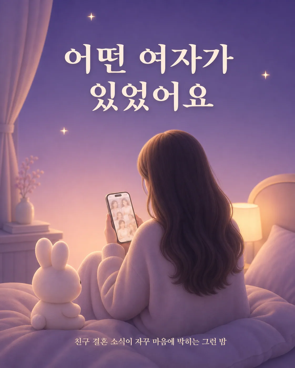 침대 위에서 스마트폰 속 사진을 바라보는 뒷모습의 여성과 그 옆에 앉은 토끼 인형