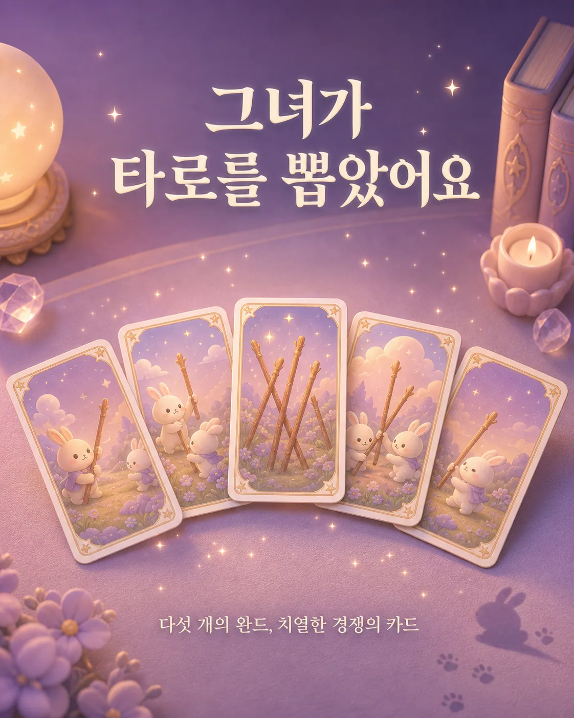 다섯 개의 나무 막대기가 엇갈려 있는 타로 카드가 나란히 놓여 있는 모습