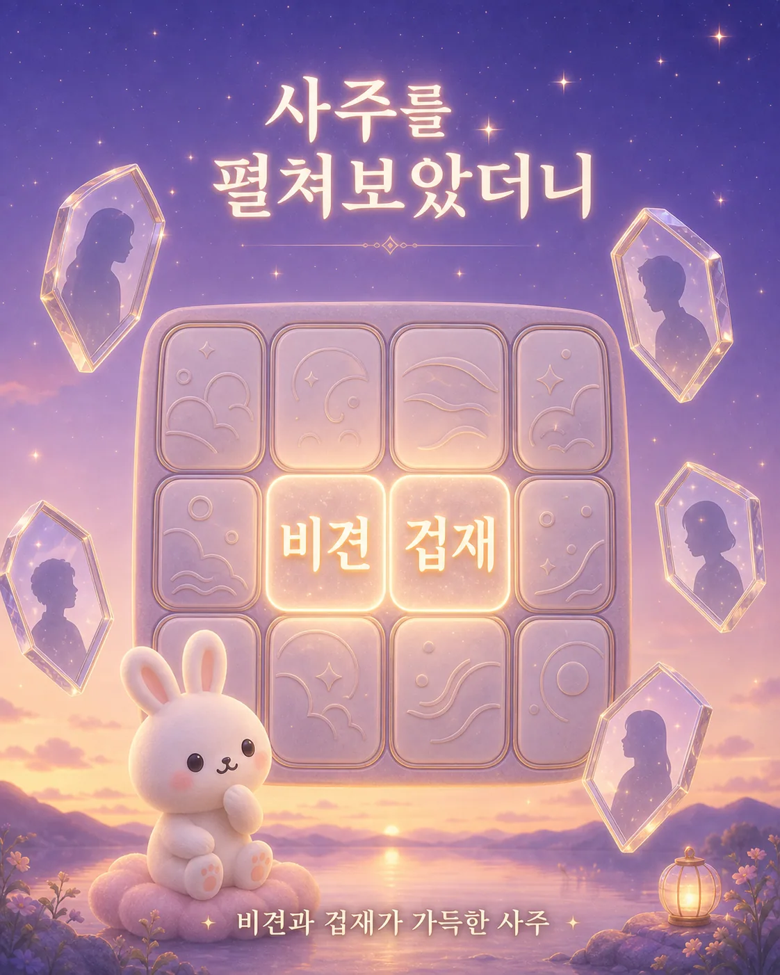 비견과 겁재라는 글자가 적힌 판넬과 그 주위를 감싼 수정 모양의 인물 실루엣